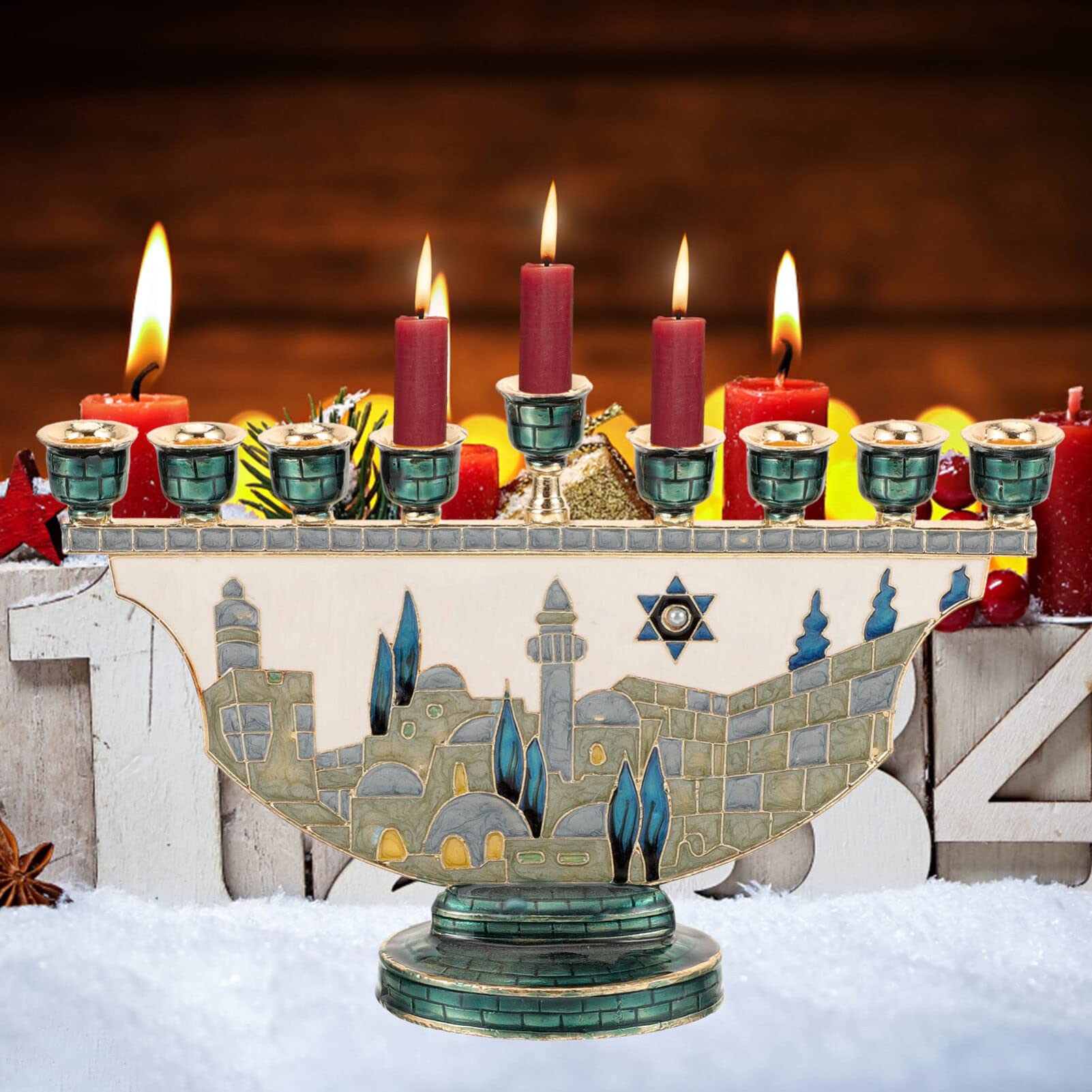 Candle Holder Decor - Иерусалимская Менора, 9-конечный эмалированный подсвечник для
